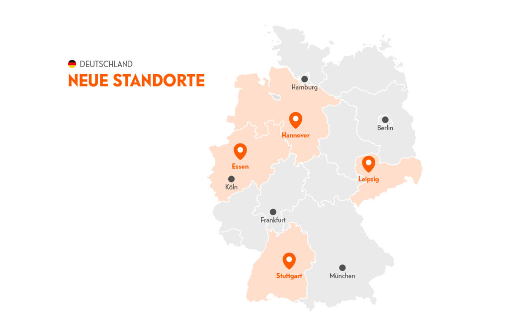 Karte von Deutschland mit den neuen Standorten von Indie Campers 2021